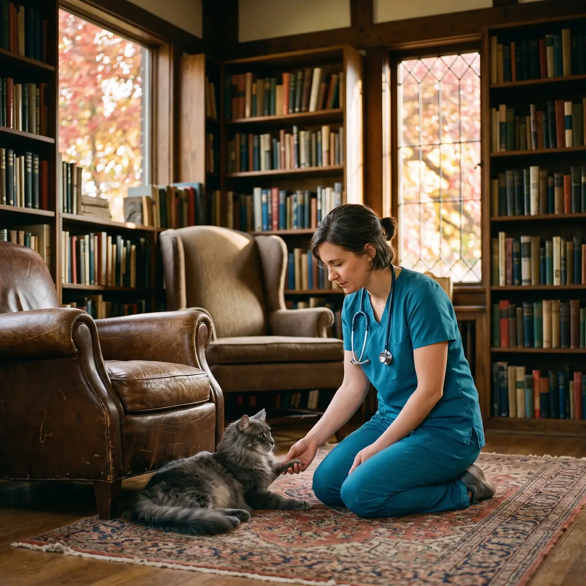 Total Vet clinician giving a calm in-home checkup to a cat in an Ann Arbor living room