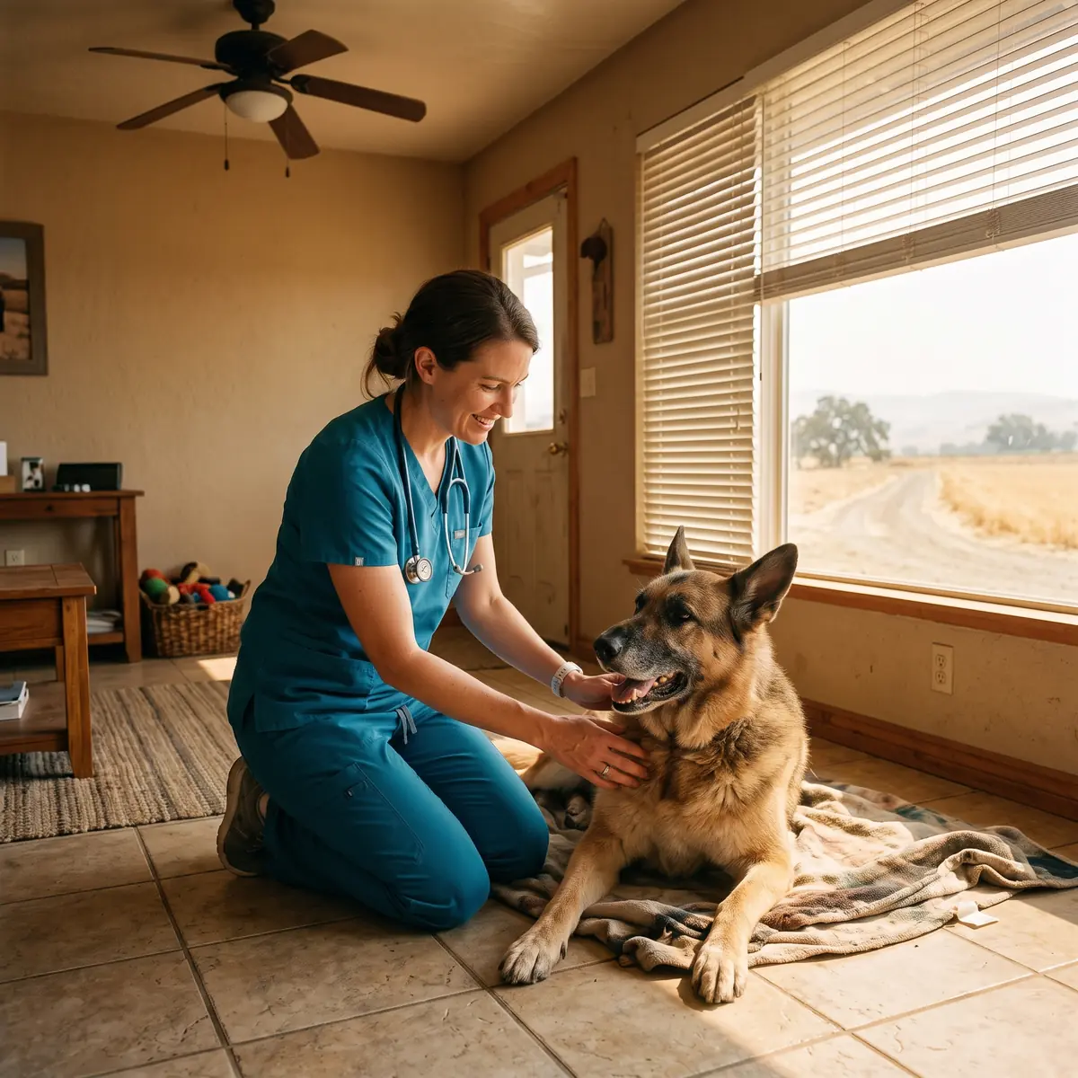 Total Vet doctor giving an at-home checkup to a dog in a Bakersfield living room