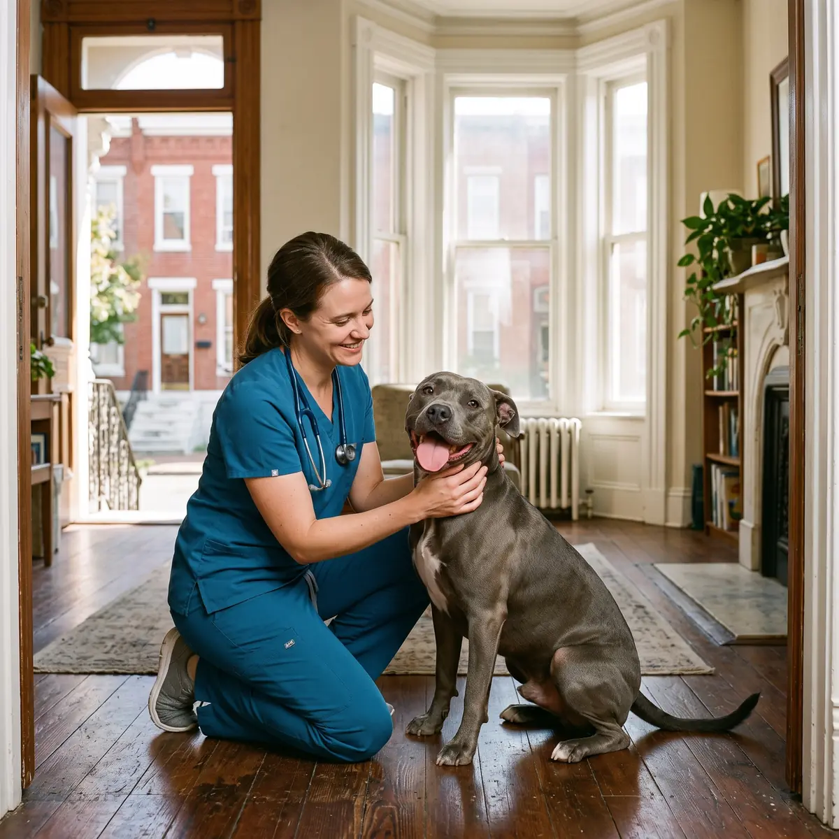 Total Vet clinician giving an at-home checkup to a dog in a Baltimore rowhouse front room