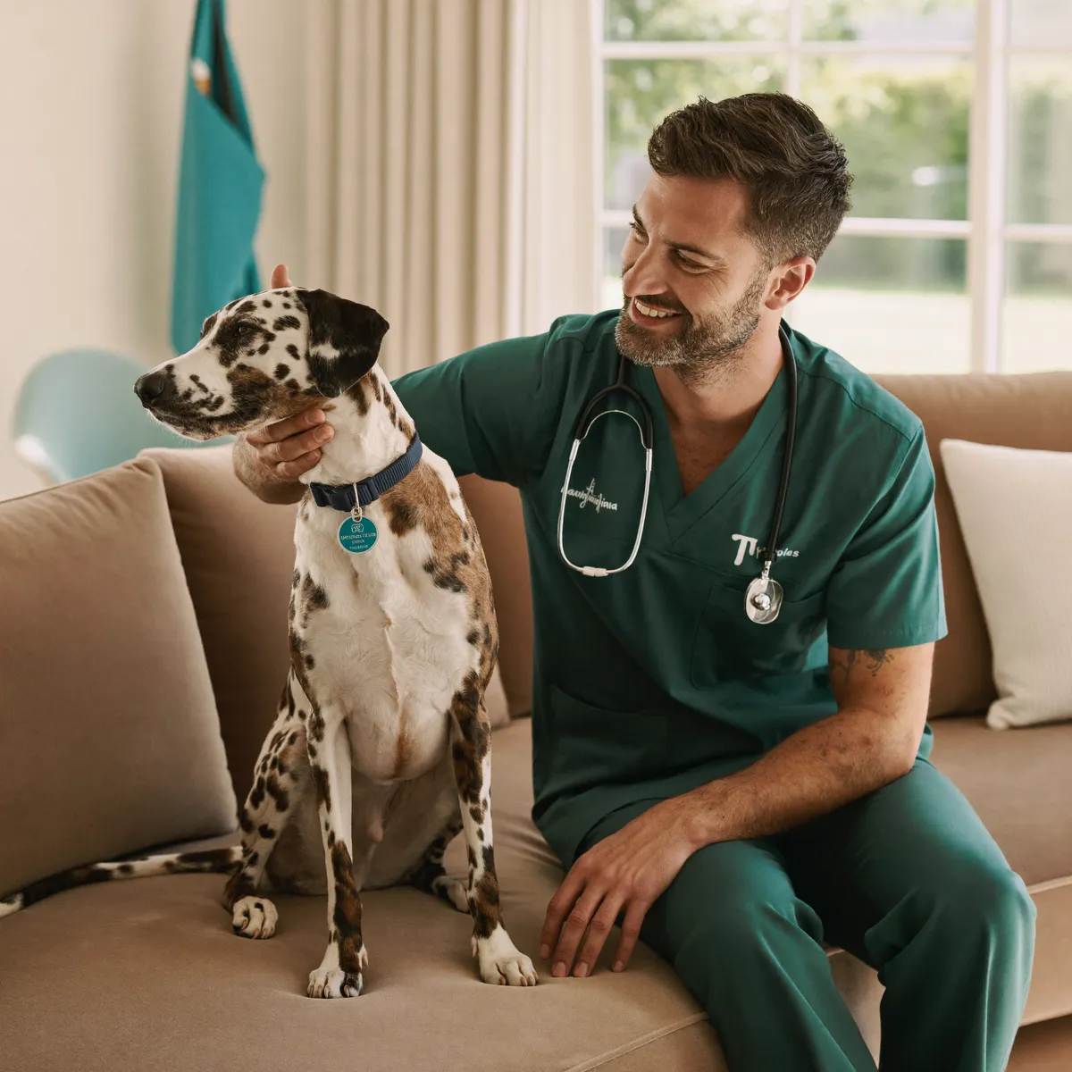 Veterinarian listening to a small dog's heartbeat during a house call at a Boca Raton residence