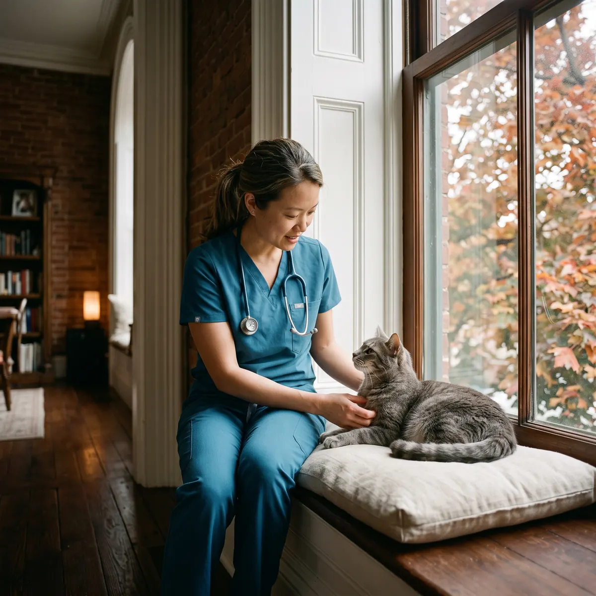Total Vet doctor examining a cat during an in-home visit in a historic Cincinnati home