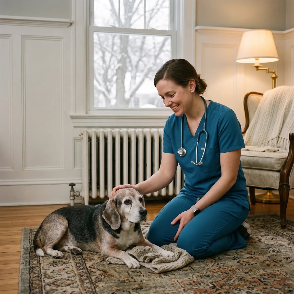 Total Vet doctor examining an older dog during an at-home appointment in a Cleveland living room