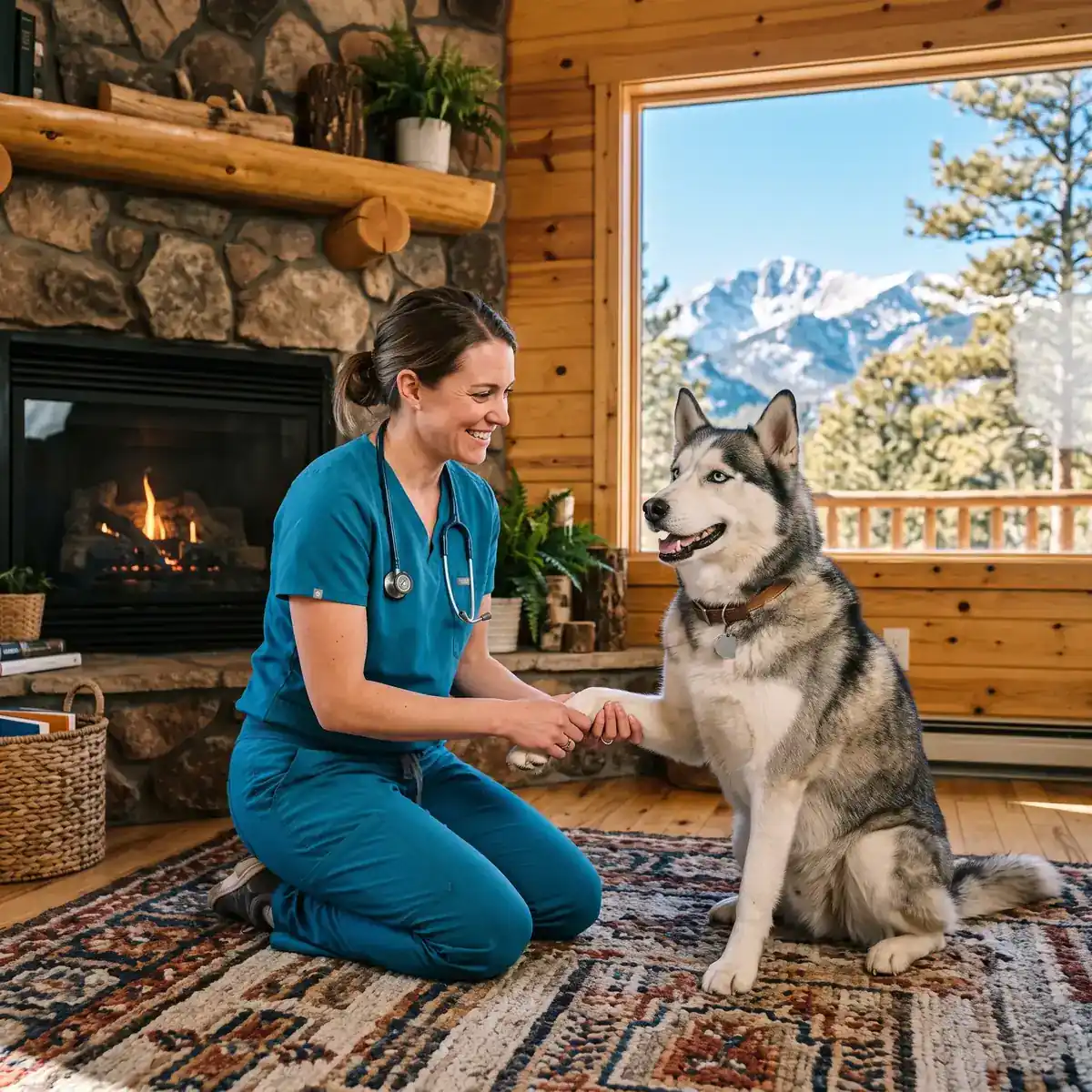 Total Vet clinician checking an active dog during a house call in a Colorado Springs living room