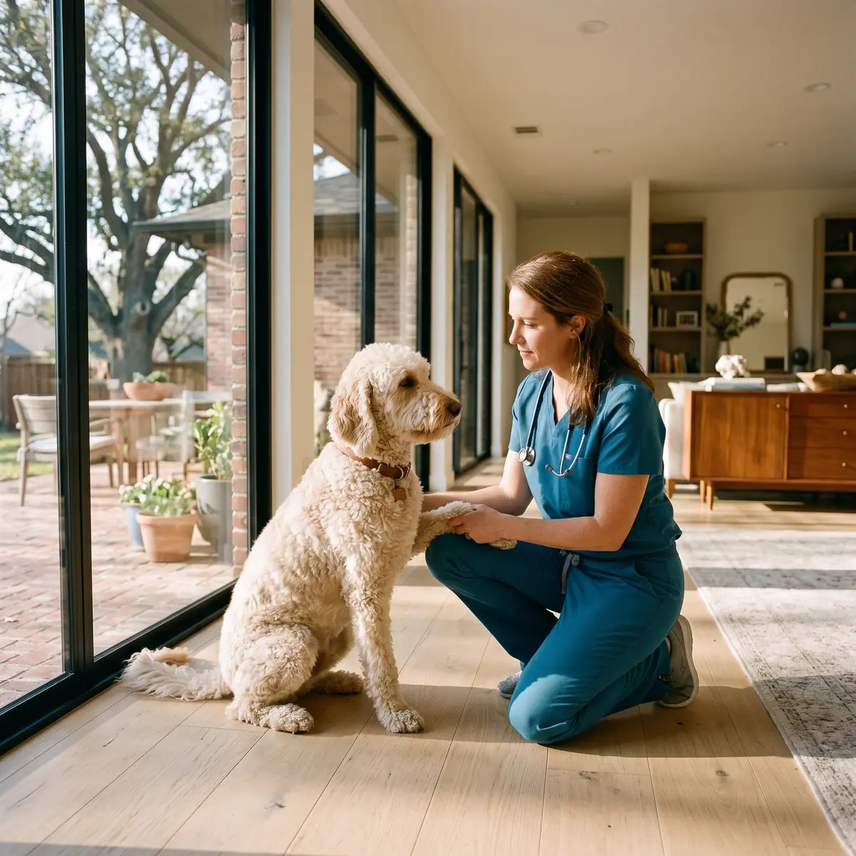 Total Vet clinician examining a relaxed dog during an at-home appointment in Dallas, Texas