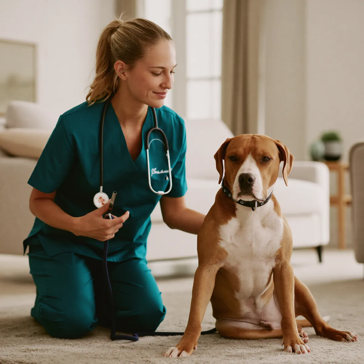 Mobile veterinarian giving a dog a relaxed checkup inside a Volusia County living room