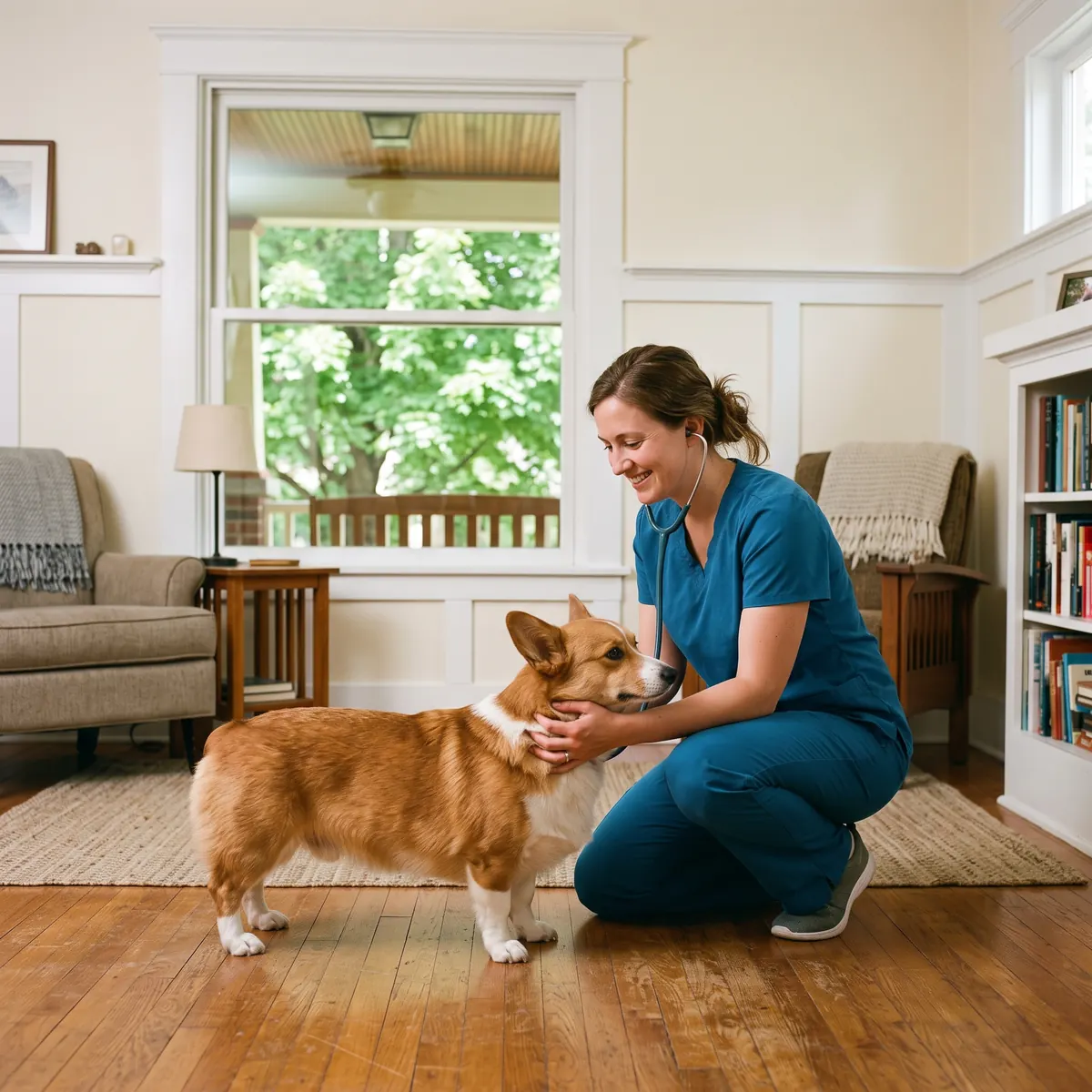 Total Vet doctor examining a dog during a house call in a Des Moines living room