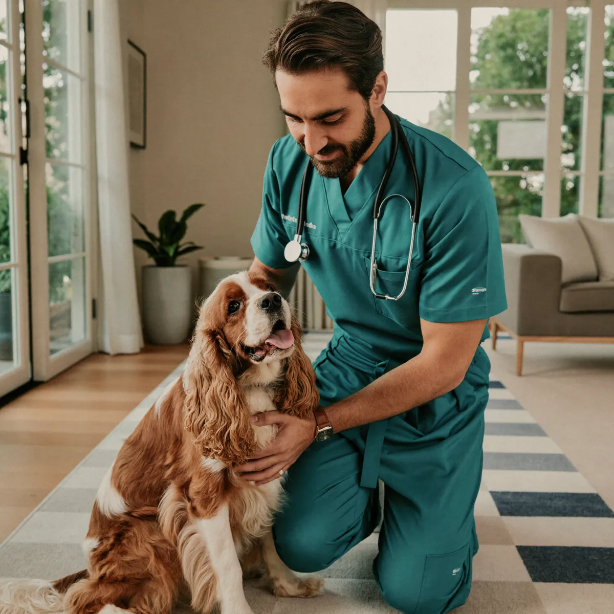Mobile veterinarian examining a calm dog during an in-home visit in Fort Lauderdale