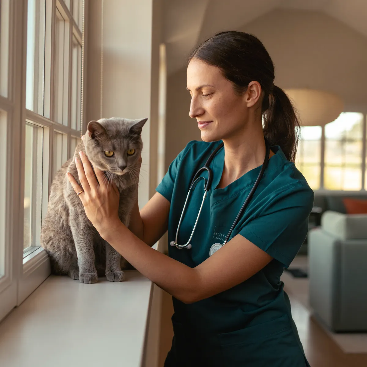 Veterinarian greeting a relaxed retriever during a home visit in a sunlit Lee County living room