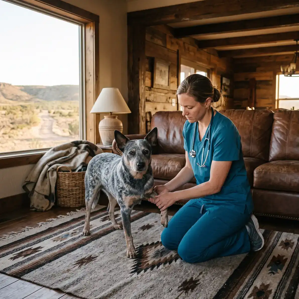 Total Vet doctor examining a working dog during an in-home appointment in Fort Worth, Texas