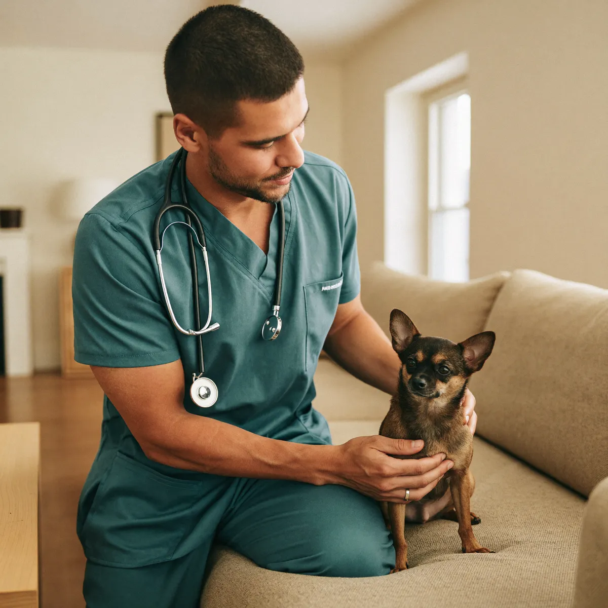 Mobile veterinarian examining a happy dog at a family home in Hialeah