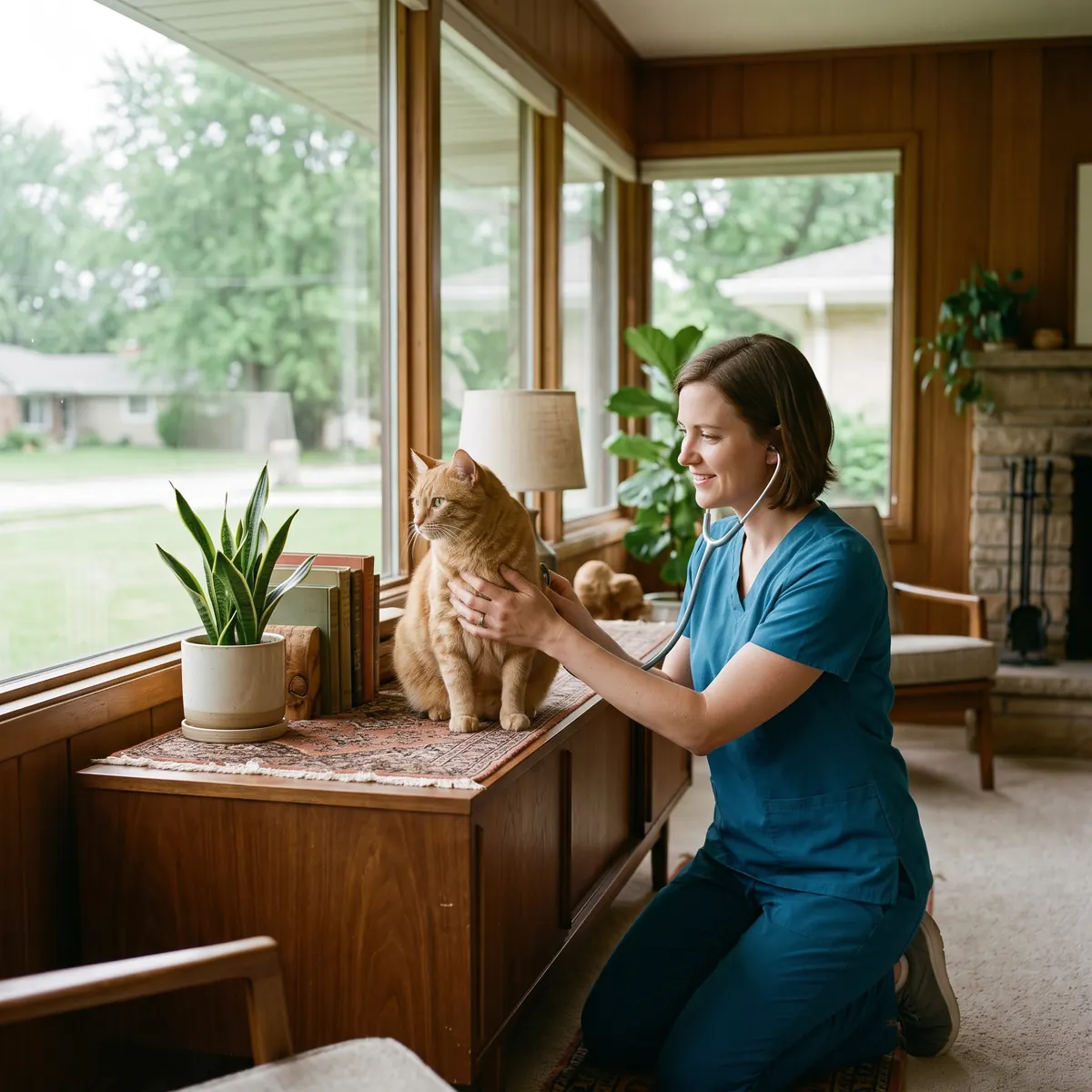 Total Vet clinician examining a cat during a house call in an Indianapolis home
