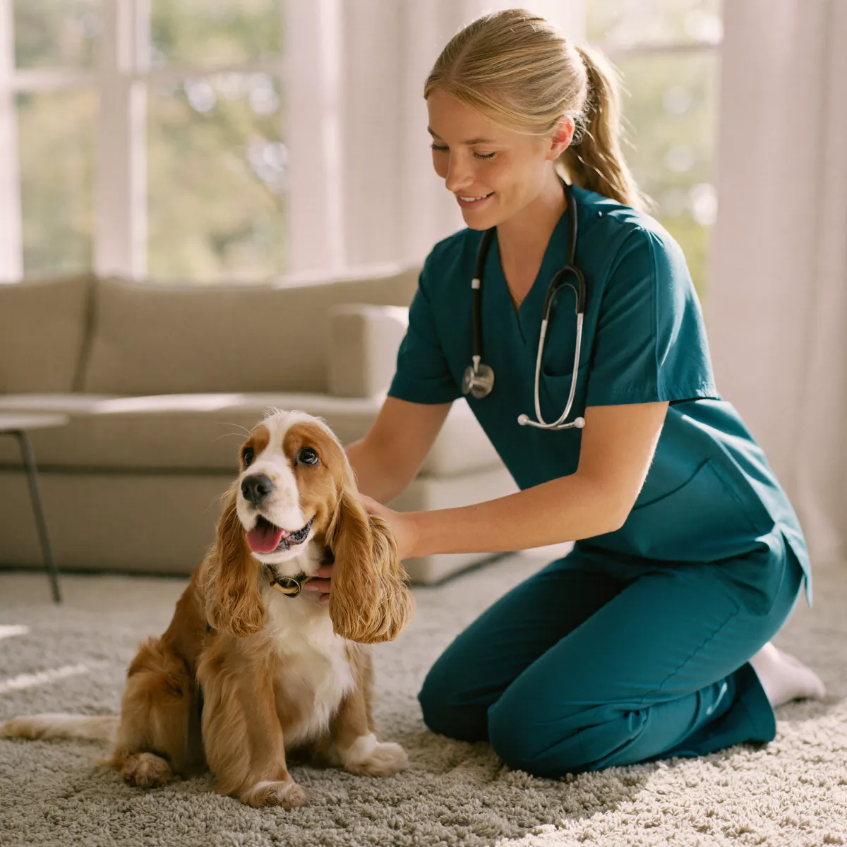 Mobile vet giving a calm at-home exam to a dog in a Polk County family's living room
