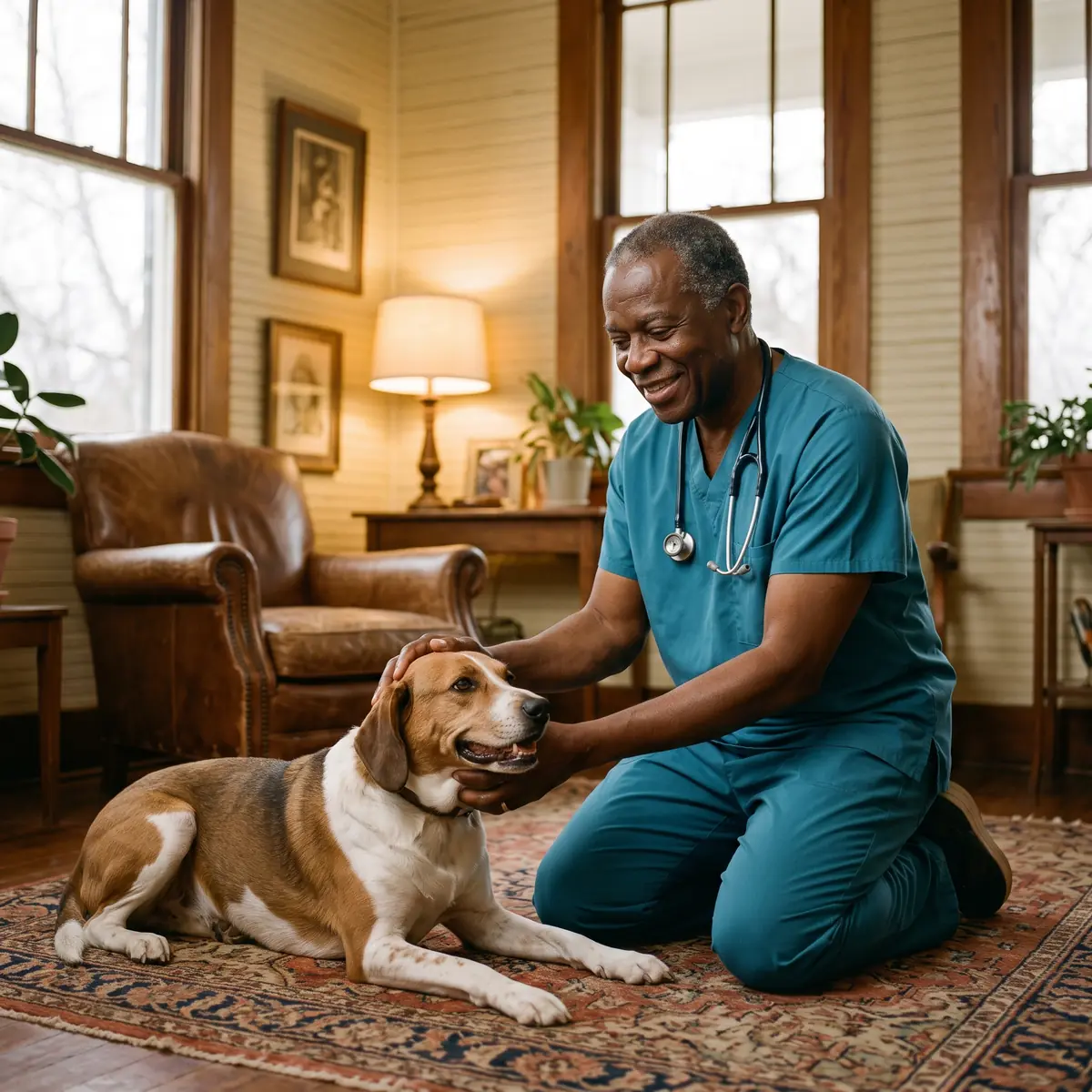 Total Vet doctor examining a calm dog during an in-home visit in a Midtown Memphis living room