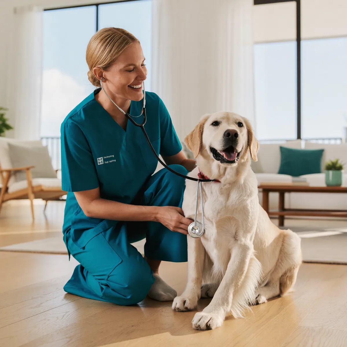 House-call vet gently checking a comfortable dog at home in Miami