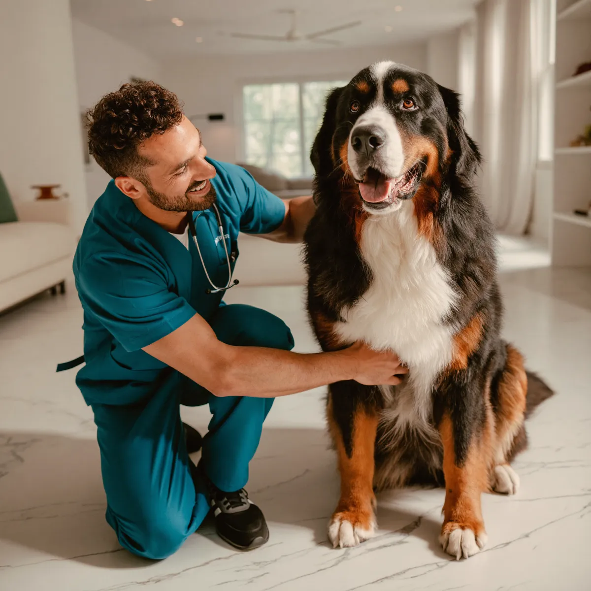 Veterinarian giving quiet, attentive care to a dog inside a Naples residence