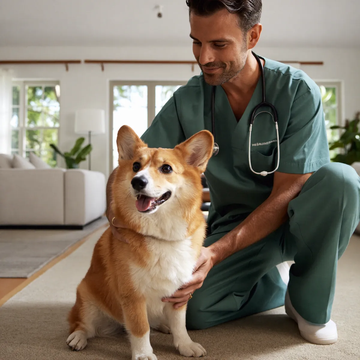 Mobile veterinarian giving a calm at-home checkup to a happy dog in Orlando