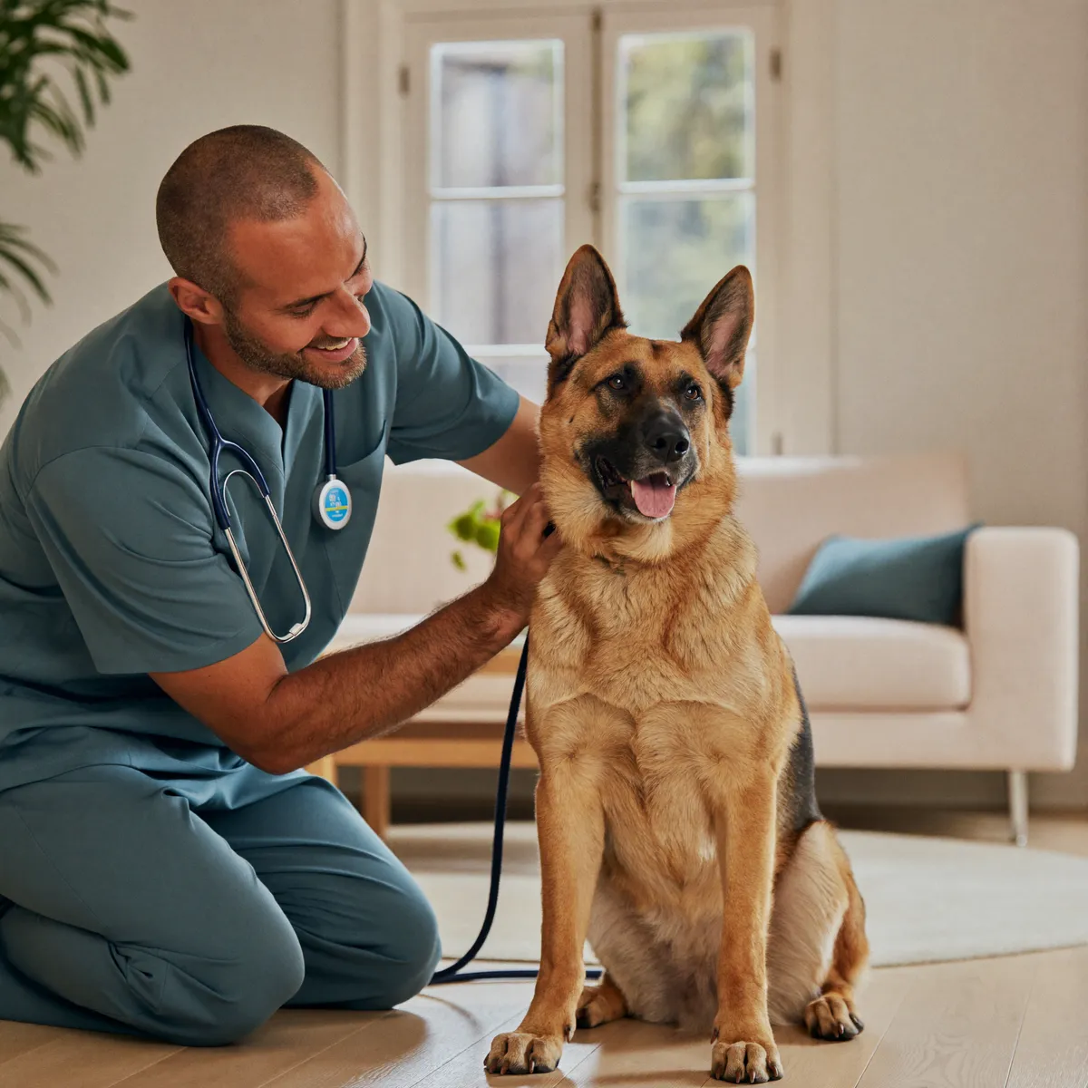 Veterinarian giving a calm at-home examination to a dog in Pensacola, Florida