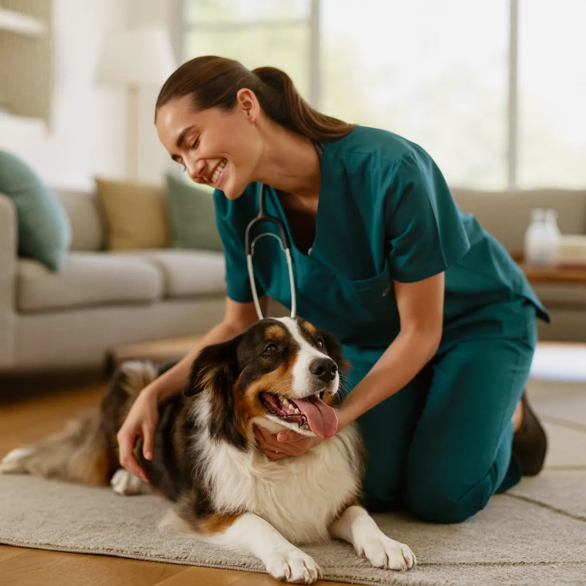 In-home veterinary checkup underway with a comfortable dog at a Port St. Lucie house