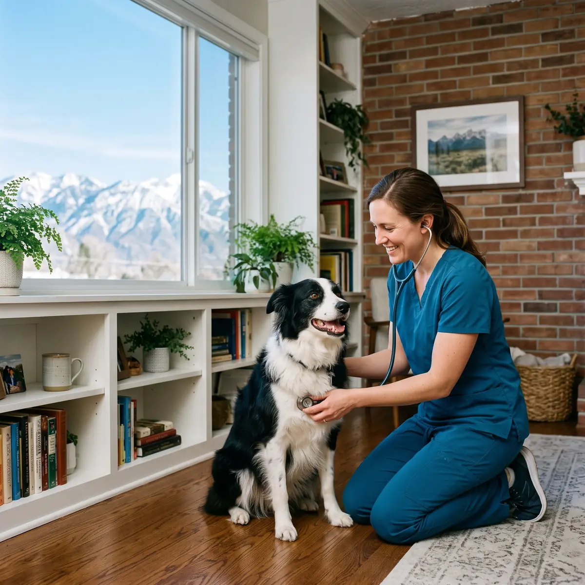 Total Vet clinician checking an active dog during an in-home appointment in Salt Lake City