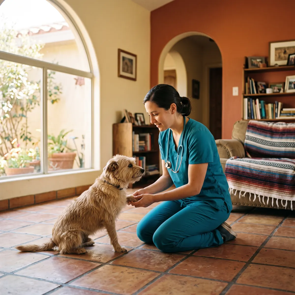 Total Vet clinician crouching to examine a small dog during a house call in San Antonio, Texas