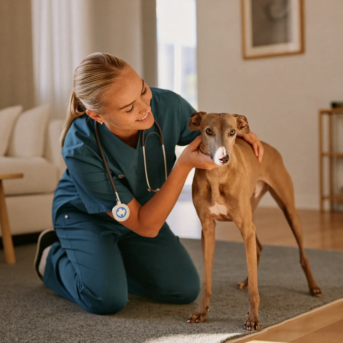Veterinarian giving a calm at-home checkup to a dog in a bright Sarasota residence