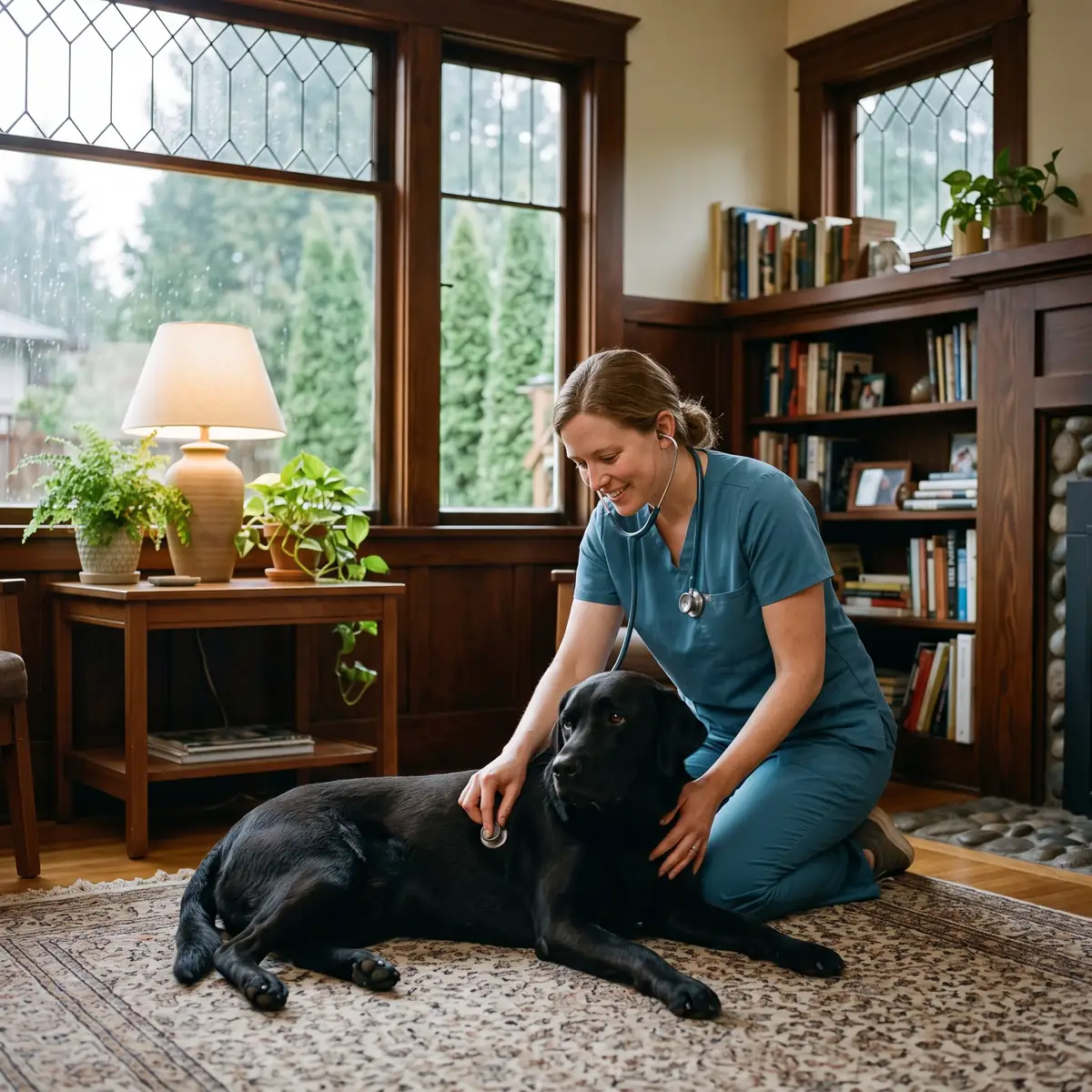 Seattle house-call veterinarian examining a dog beside a leaded-glass window on an overcast afternoon