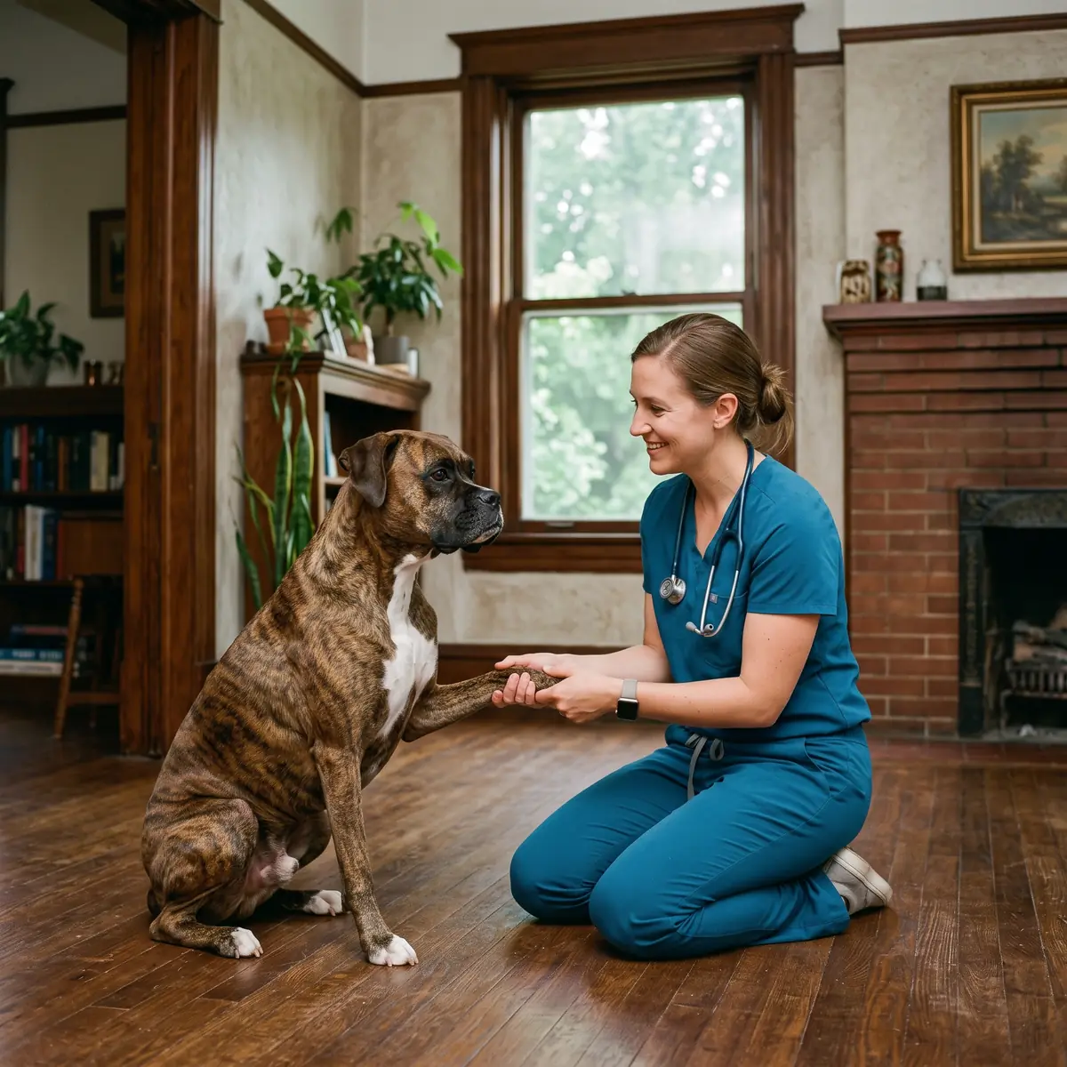 Total Vet doctor examining a dog during an at-home visit in a historic St. Louis home
