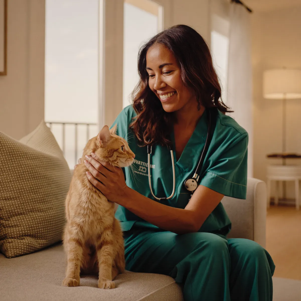 Veterinarian greeting a happy dog at home on a sunny St. Pete afternoon