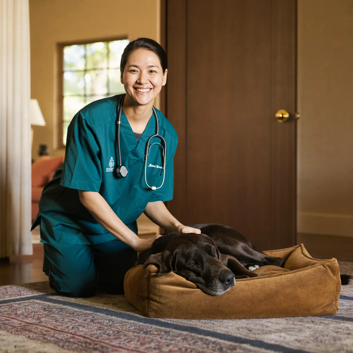 Veterinarian giving unhurried attention to a dog at home during a Tallahassee mobile vet visit