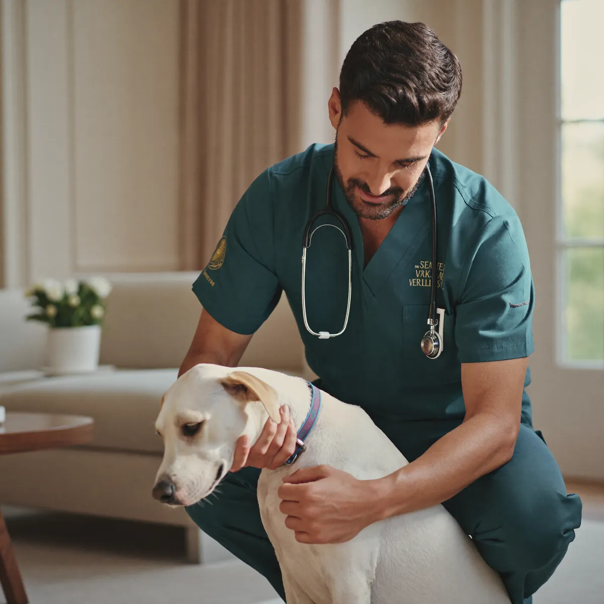 Mobile veterinarian listening to a dog's heartbeat during a home visit near the West Palm Beach waterfront