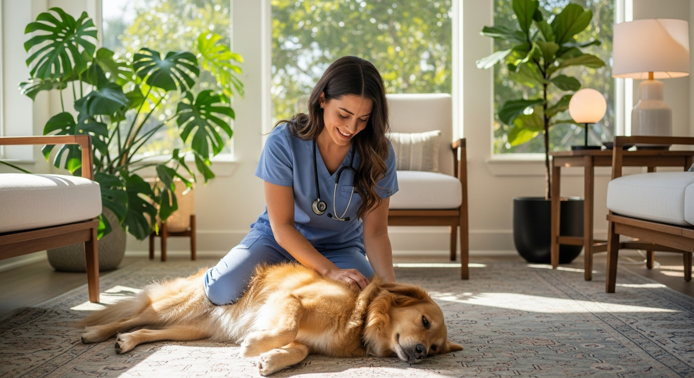 Total Vet veterinarian gently examining a dog inside a sunny home