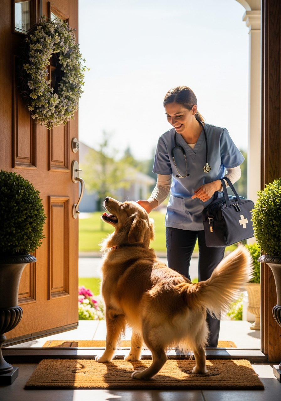 Total Vet mobile veterinarian greeting a happy dog at the front door of a Palm Springs duplex in Hialeah