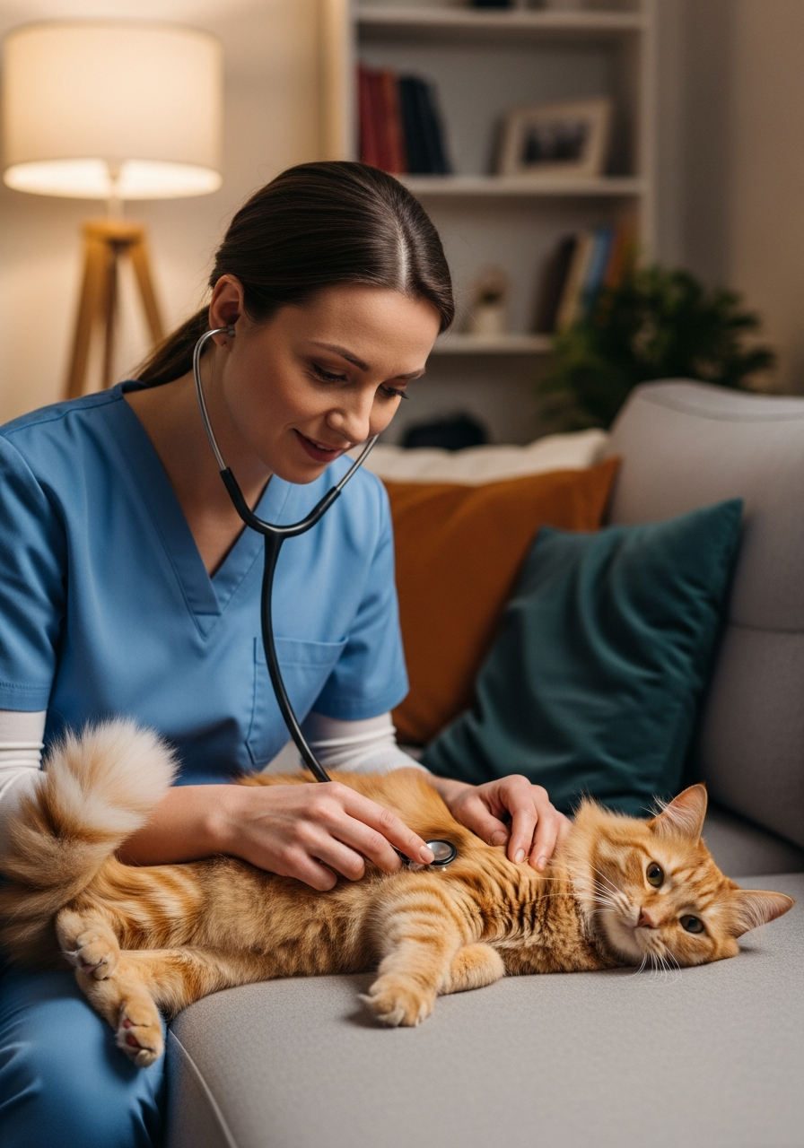Veterinarian gently examining a small lap dog on the living-room couch during an in-home visit in central Hialeah