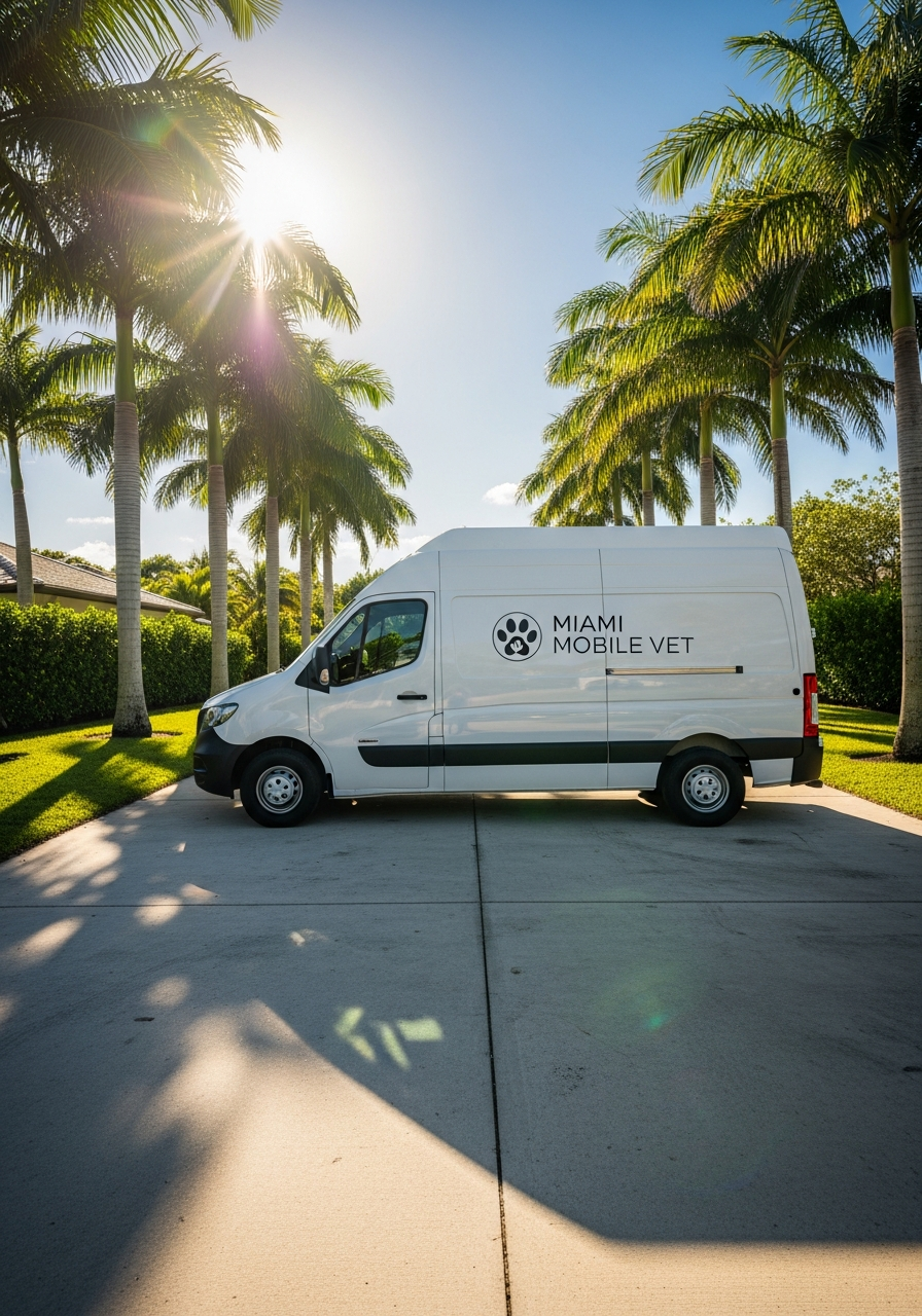 Total Vet's fully equipped mobile clinic van parked in a Hialeah driveway beside a backyard mango tree